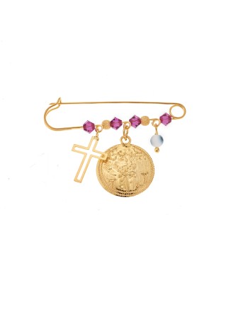 Παραμάνα SENZA κίτρινο επιχρυσωμένο ασήμι 925, στρογγυλό Κωνσταντινάτο, σταυρός, ματάκι και πέτρες - SSE0026-1FU