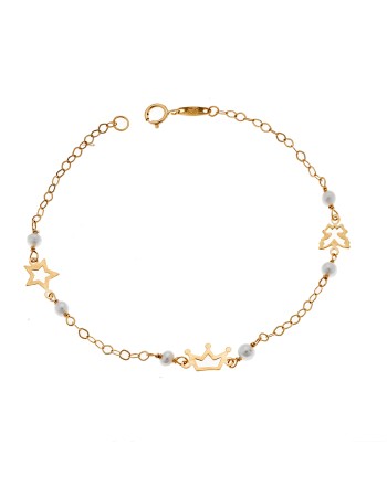 Βραχιόλι SENZA χρυσό 9Κ με κορώνα, πεταλούδα και αστεράκι - SSE0038