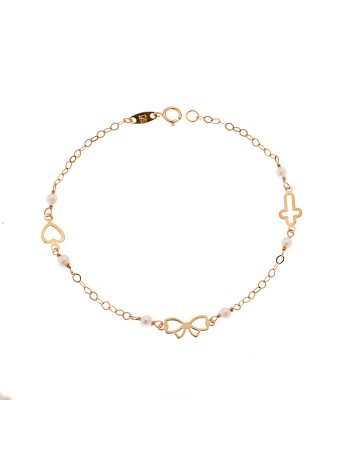 Βραχιόλι SENZA χρυσό 9Κ με καρδιά, σταυρό και φιογκάκι - SSE0040