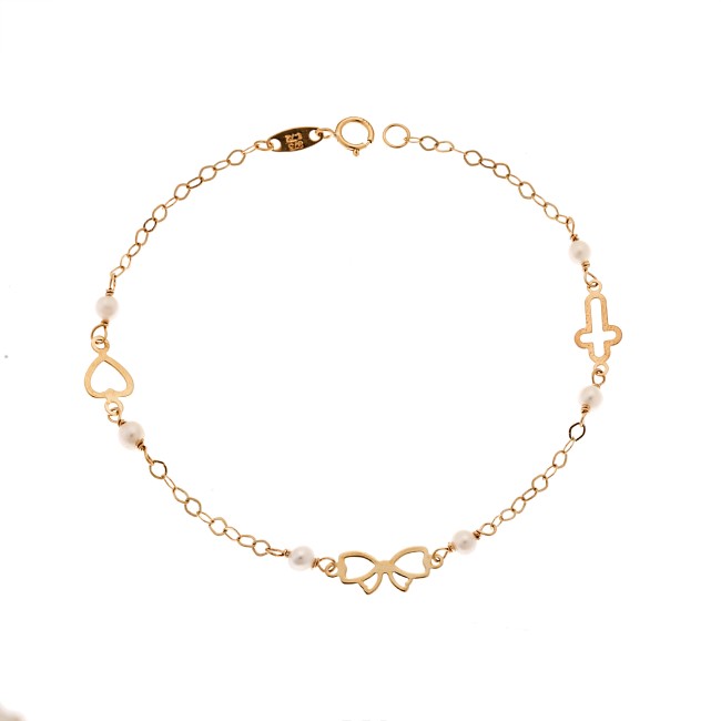 Βραχιόλι SENZA χρυσό 9Κ με καρδιά, σταυρό και φιογκάκι - SSE0040