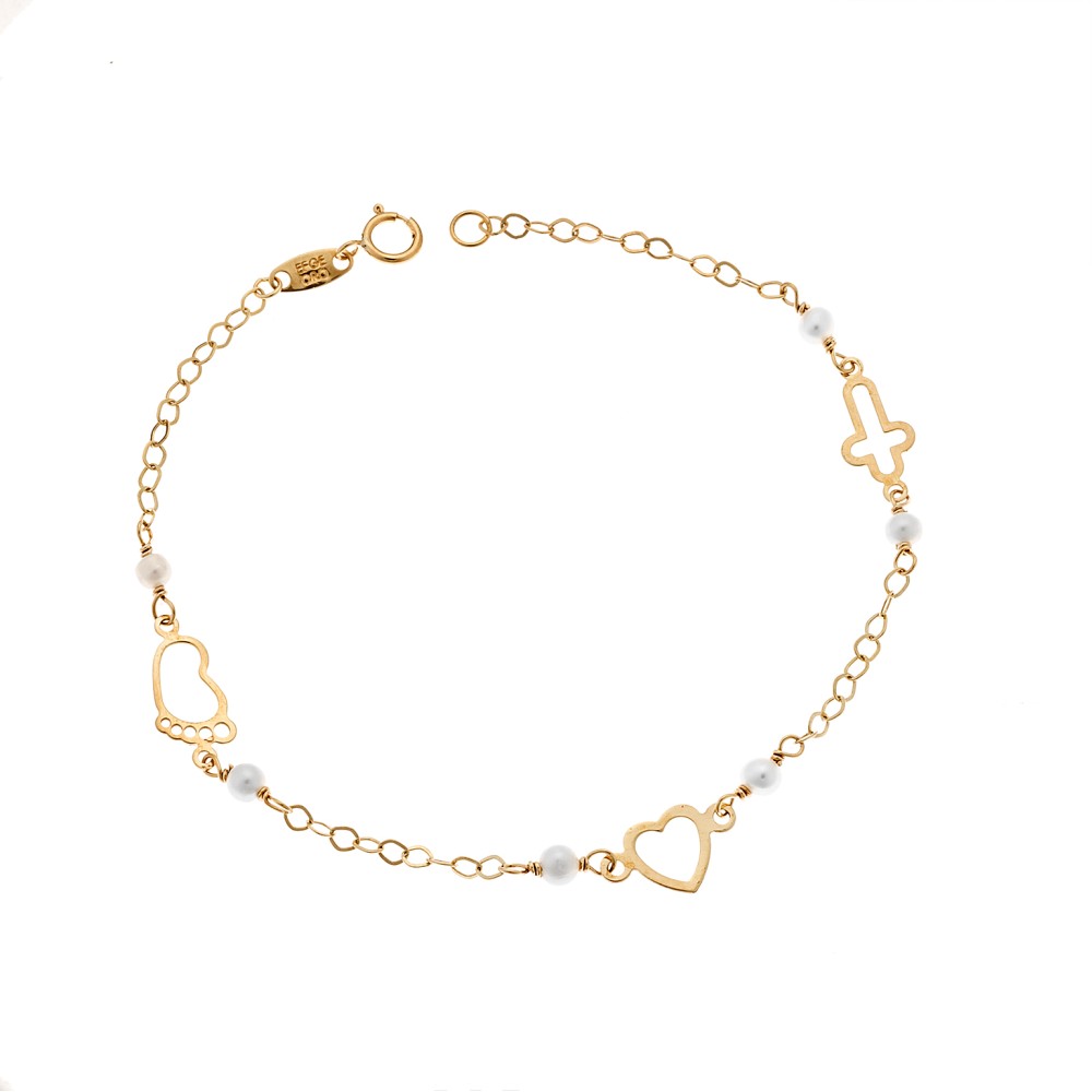 Βραχιόλι SENZA χρυσό 9Κ με καρδιά, σταυρό και πατουσάκι - SSE0041