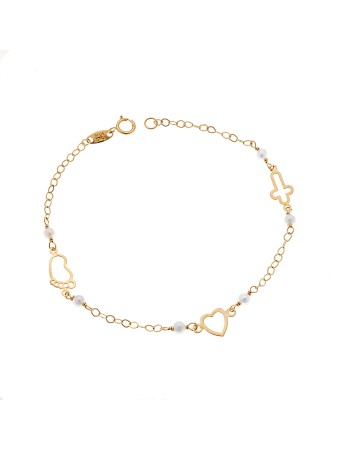 Βραχιόλι SENZA χρυσό 9Κ με καρδιά, σταυρό και πατουσάκι - SSE0041