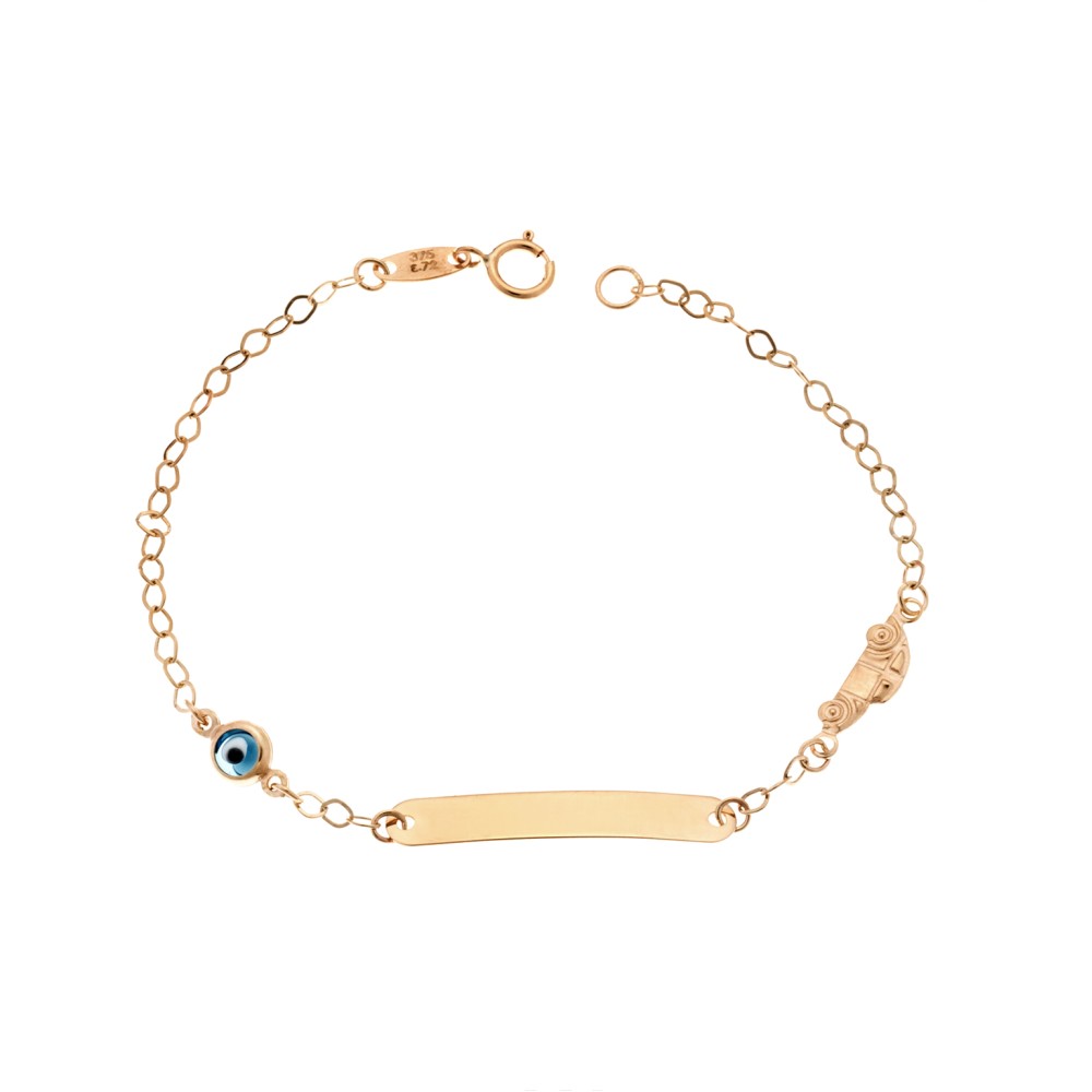 Βραχιόλι SENZA χρυσό 9Κ, ταυτότητα με αυτοκινητάκι και μάτι - SSE0045