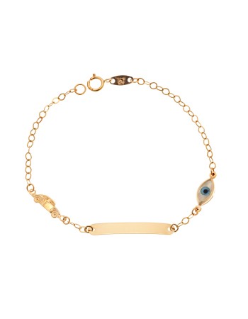 Βραχιόλι SENZA χρυσό 9Κ, ταυτότητα με αυτοκινητάκι και μάτι με φίλντισι - SSE0046