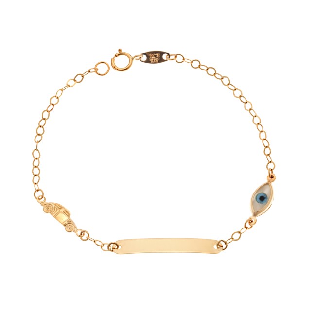 Βραχιόλι SENZA χρυσό 9Κ, ταυτότητα με αυτοκινητάκι και μάτι με φίλντισι - SSE0046