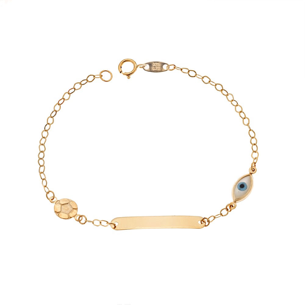 Βραχιόλι SENZA χρυσό 9Κ, ταυτότητα με μπάλα και μάτι με φίλντισι - SSE0047