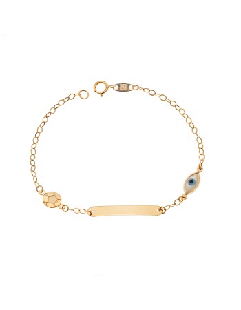Βραχιόλι SENZA χρυσό 9Κ, ταυτότητα με μπάλα και μάτι με φίλντισι - SSE0047
