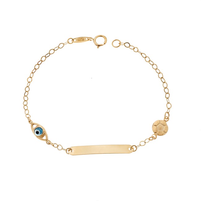 Βραχιόλι SENZA χρυσό 9Κ, ταυτότητα με μπάλα και μάτι - SSE0049