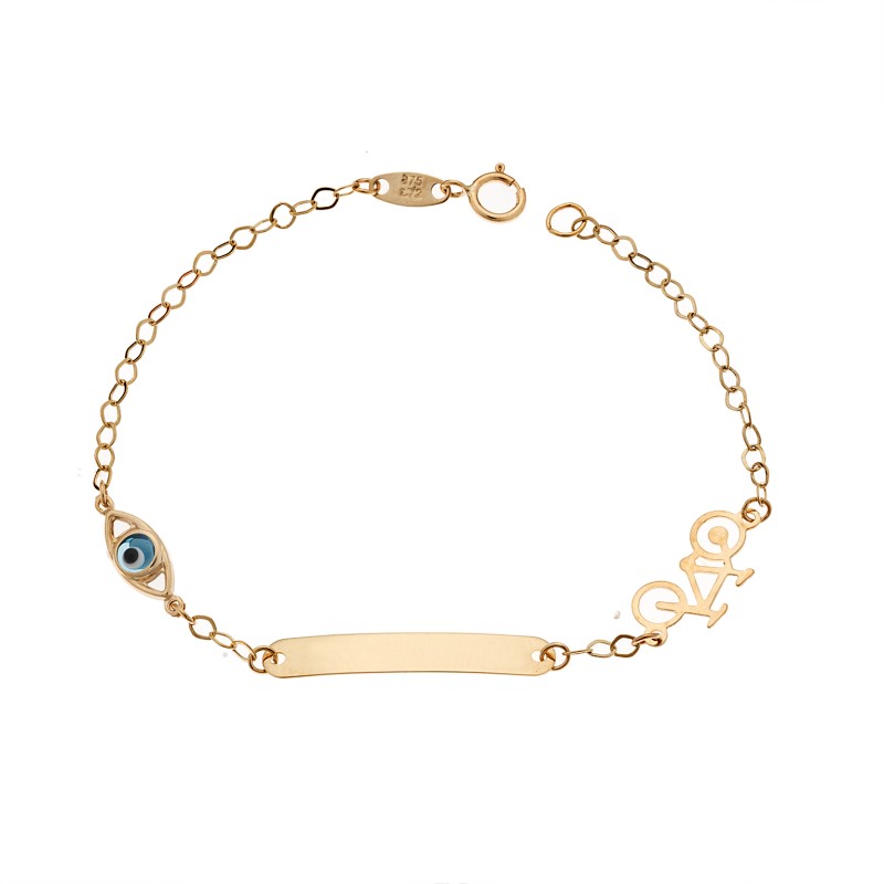 Βραχιόλι SENZA χρυσό 9Κ, ταυτότητα με ποδηλατάκι και μάτι - SSE0050
