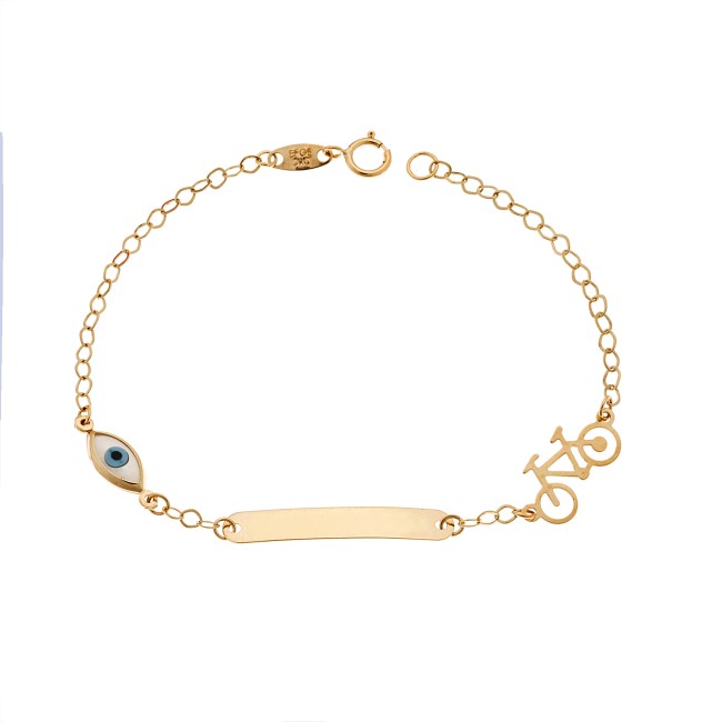 Βραχιόλι SENZA χρυσό 9Κ, ταυτότητα με ποδηλατάκι και μάτι με φίλντισι - SSE0051