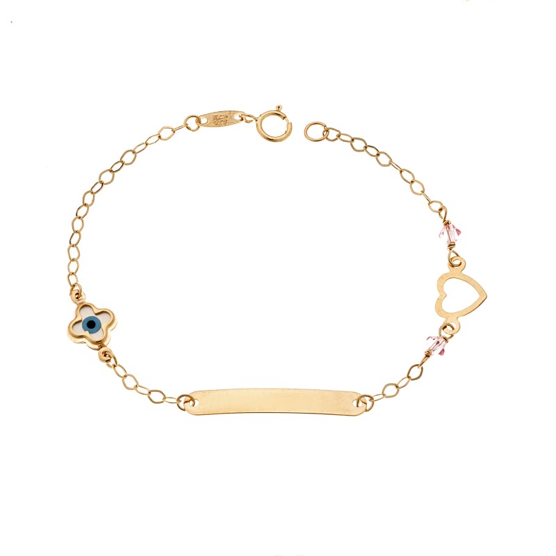 Βραχιόλι SENZA χρυσό 9Κ, ταυτότητα με καρδιά, σταυρό και μάτι με φίλντισι - SSE0052
