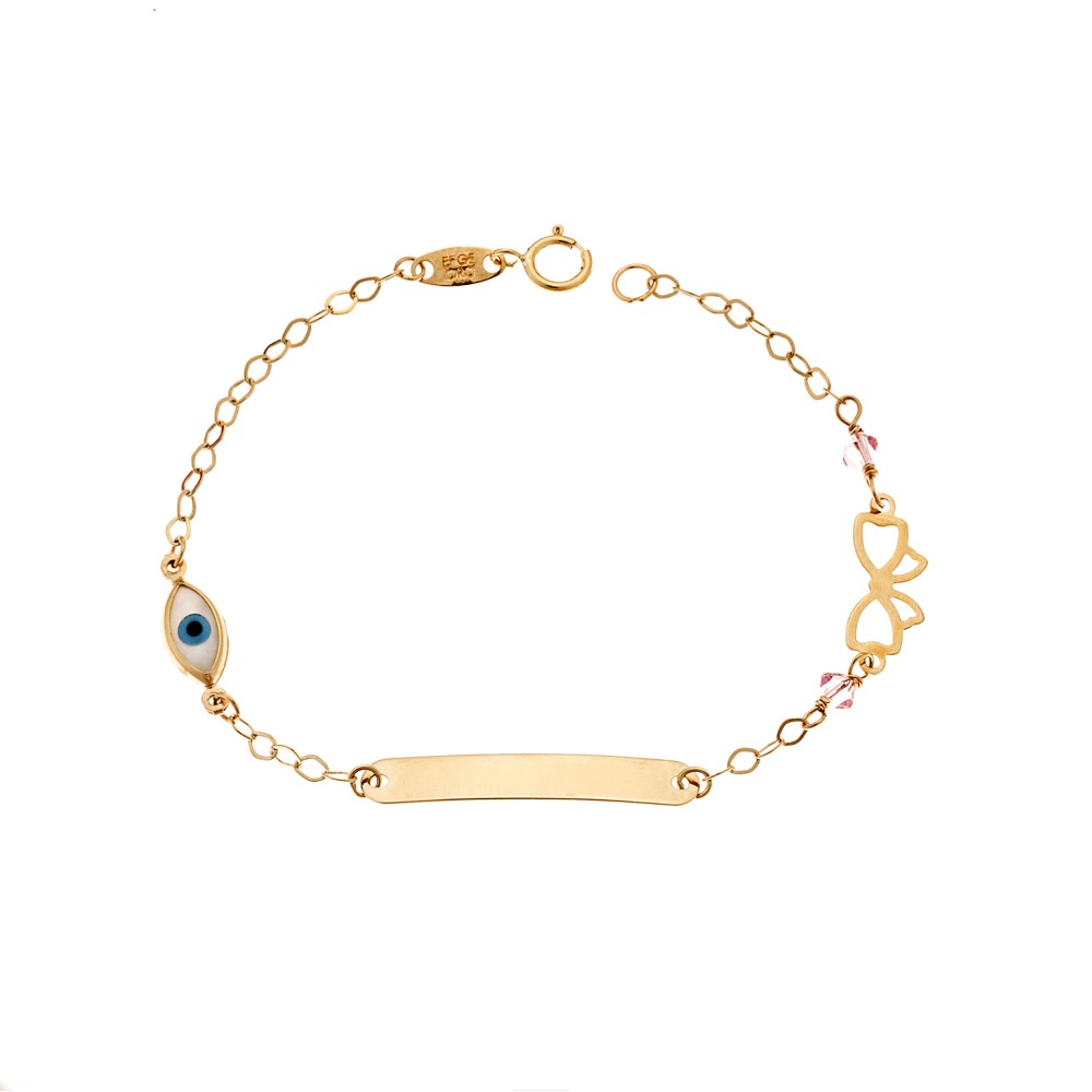 Βραχιόλι SENZA χρυσό 9Κ, ταυτότητα με φιογκάκι και μάτι με φίλντισι - SSE0053