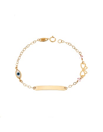 Βραχιόλι SENZA χρυσό 9Κ, ταυτότητα με φιογκάκι και μάτι με φίλντισι - SSE0053