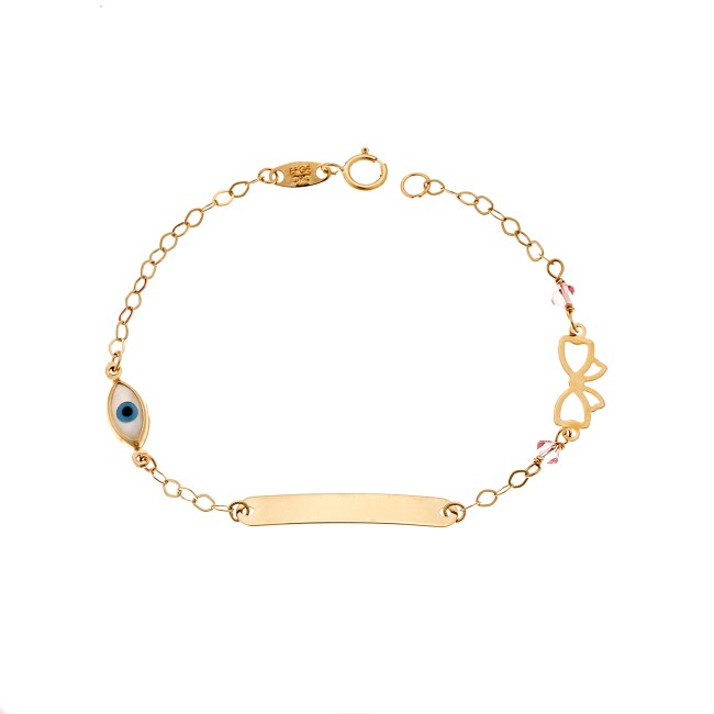 Βραχιόλι SENZA χρυσό 9Κ, ταυτότητα με φιογκάκι και μάτι με φίλντισι - SSE0053