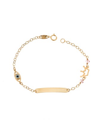 Βραχιόλι SENZA χρυσό 9Κ, ταυτότητα με κορώνα και μάτι - SSE0054