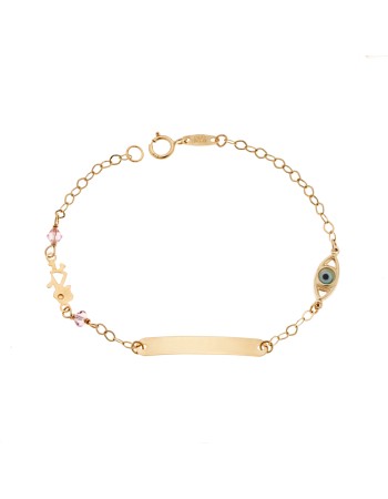 Βραχιόλι SENZA χρυσό 9Κ, ταυτότητα με κοριτσάκι και μάτι - SSE0055