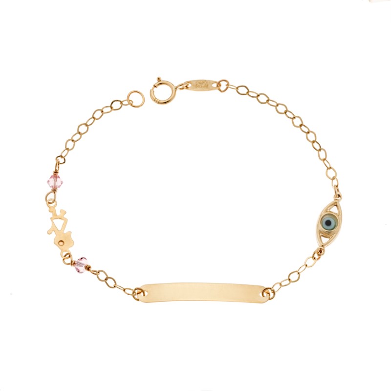 Βραχιόλι SENZA χρυσό 9Κ, ταυτότητα με κοριτσάκι και μάτι - SSE0055