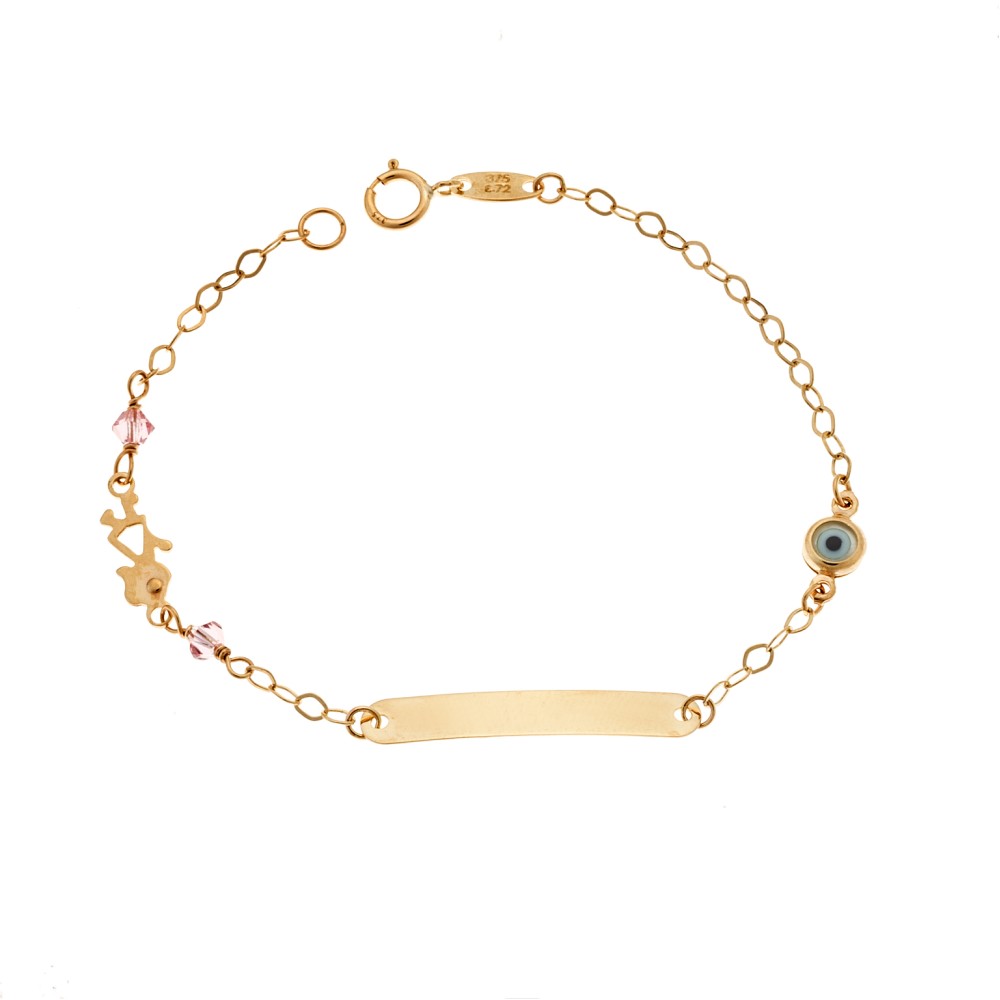 Βραχιόλι SENZA χρυσό 9Κ, ταυτότητα με κοριτσάκι και μάτι - SSE0056