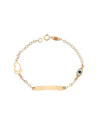 Βραχιόλι SENZA χρυσό 9Κ, ταυτότητα με πατουσάκι και μάτι με φίλντισι - SSE0057