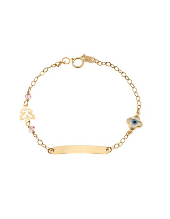 Βραχιόλι SENZA χρυσό 9Κ, ταυτότητα με πεταλούδα, σταυρό και μάτι με φίλντισι - SSE0058