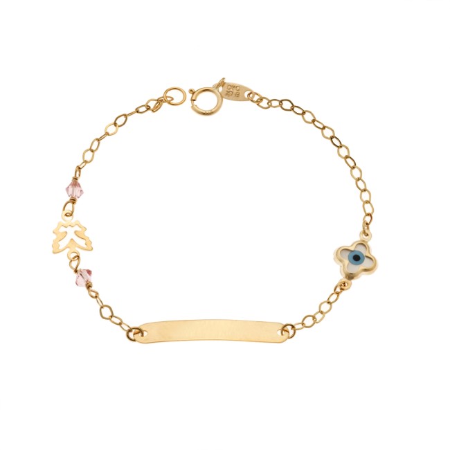 Βραχιόλι SENZA χρυσό 9Κ, ταυτότητα με πεταλούδα, σταυρό και μάτι με φίλντισι - SSE0058