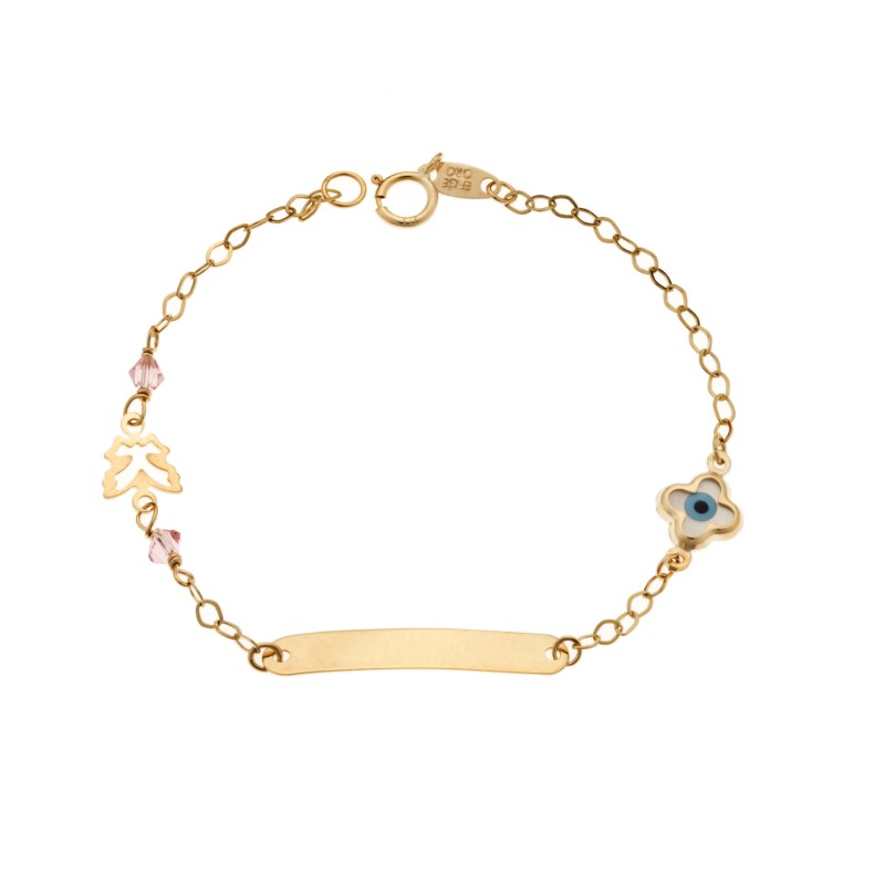 Βραχιόλι SENZA χρυσό 9Κ, ταυτότητα με πεταλούδα, σταυρό και μάτι με φίλντισι - SSE0058