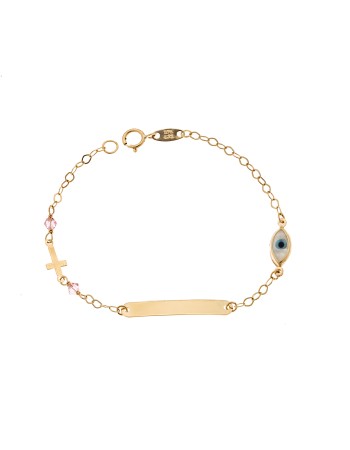 Βραχιόλι SENZA χρυσό 9Κ, ταυτότητα με σταυρό και μάτι με φίλντισι - SSE0059