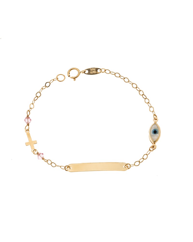 Βραχιόλι SENZA χρυσό 9Κ, ταυτότητα με σταυρό και μάτι με φίλντισι - SSE0059