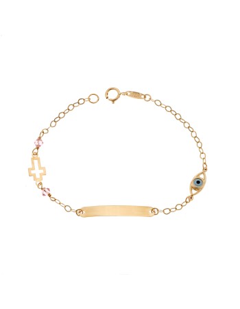 Βραχιόλι SENZA χρυσό 9Κ, ταυτότητα με σταυρό και μάτι - SSE0060