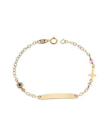 Βραχιόλι SENZA χρυσό 9Κ, ταυτότητα με σταυρό και μάτι - SSE0061