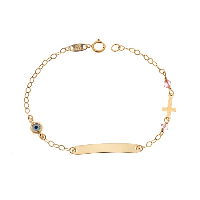 Βραχιόλι SENZA χρυσό 9Κ, ταυτότητα με σταυρό και μάτι - SSE0061