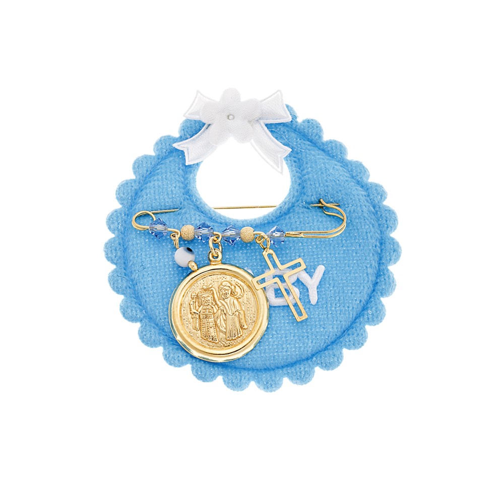 Παραμάνα SENZA κίτρινο επιχρυσωμένο ασήμι 925, στρογγυλή απεικόνιση, σταυρός, ματάκι και πέτρες - SSE0073BL