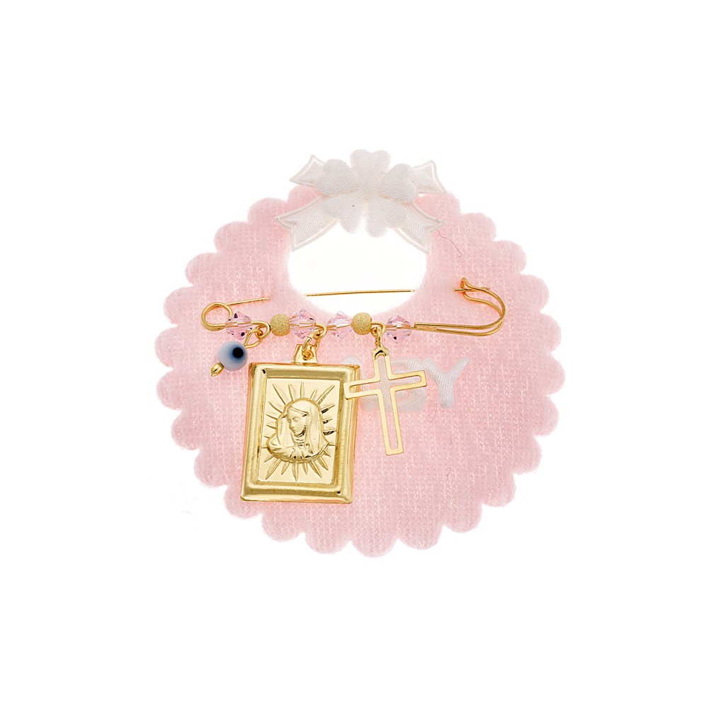 Παραμάνα SENZA κίτρινο επιχρυσωμένο ασήμι 925, απεικόνιση, σταυρός, ματάκι και πέτρες - SSE0074PK