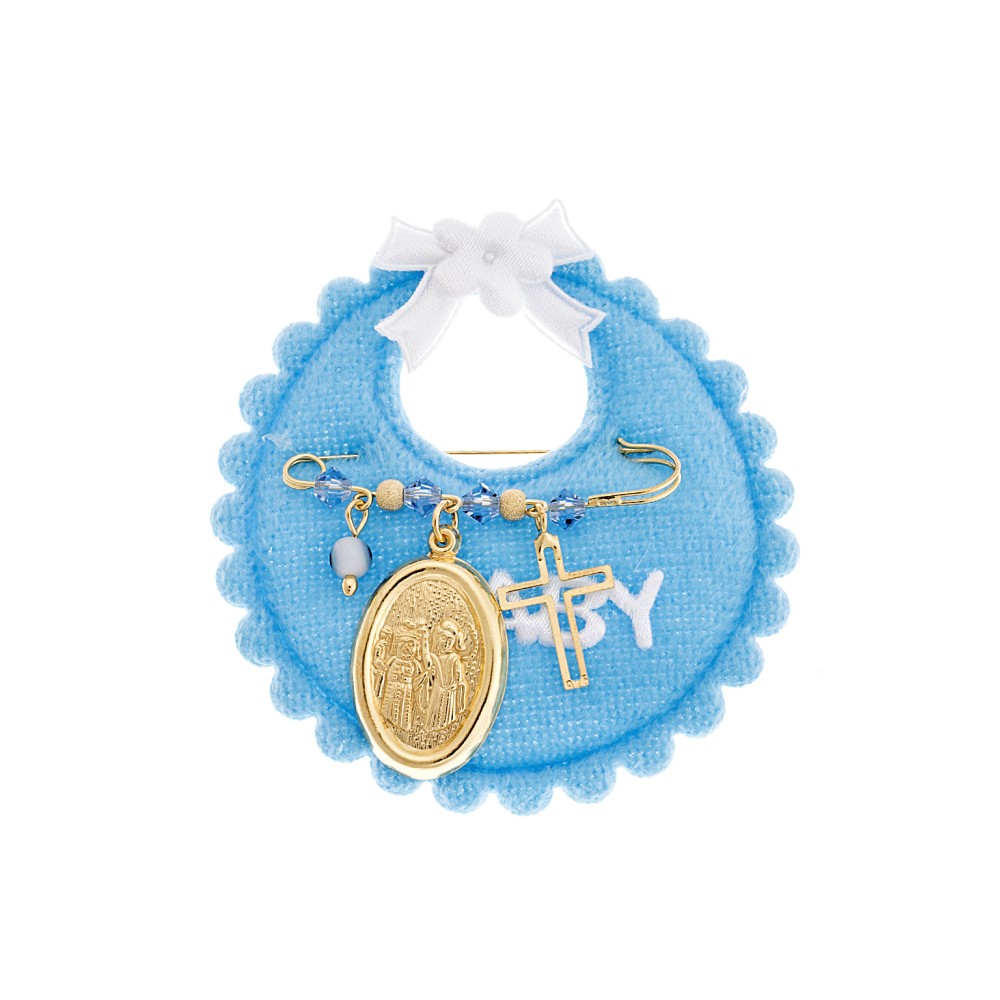 Παραμάνα SENZA κίτρινο επιχρυσωμένο ασήμι 925, οβάλ απεικόνιση, σταυρός, ματάκι και πέτρες - SSE0076BL