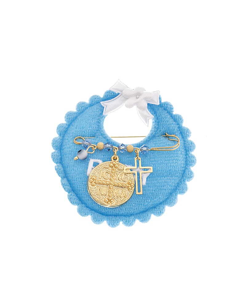 Παραμάνα SENZA κίτρινο επιχρυσωμένο ασήμι 925, στρογγυλό Κωνσταντινάτο, σταυρός, ματάκι και πέτρες - SSE0080BL