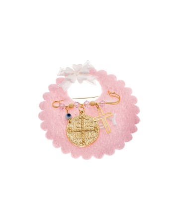 Παραμάνα SENZA κίτρινο επιχρυσωμένο ασήμι 925, στρογγυλό Κωνσταντινάτο, σταυρός, ματάκι και πέτρες - SSE0080PK