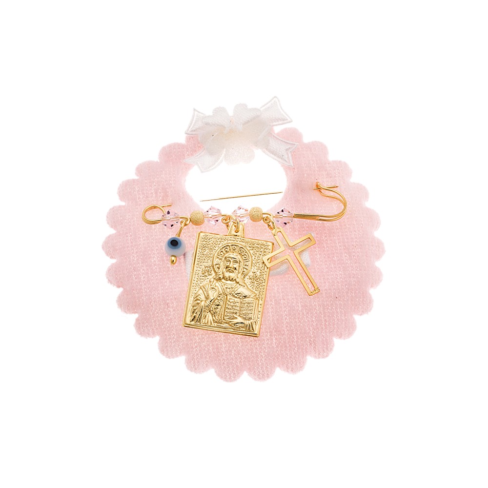 Παραμάνα SENZA κίτρινο επιχρυσωμένο ασήμι 925, τετράγωνη απεικόνιση, σταυρός, ματάκι και πέτρες - SSE0091PK