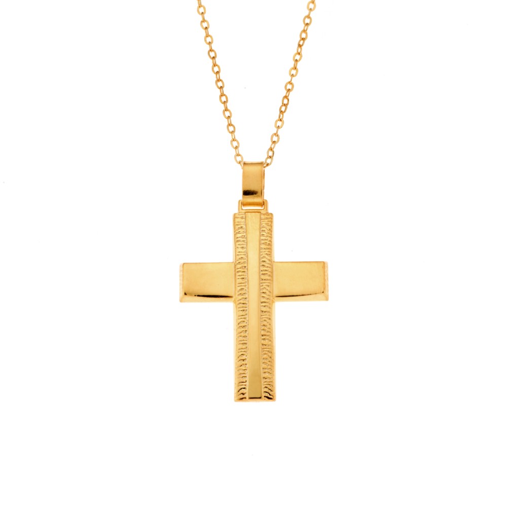 Μενταγιόν Senza επιχρυσωμένο ασήμι 925, σταυρός με σαγρέ σχέδιο - SSE0128GD