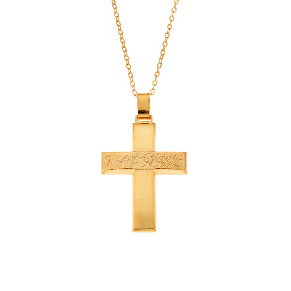 Μενταγιόν Senza επιχρυσωμένο ασήμι 925, σταυρός με σαγρέ σχέδιο - SSE0129GD