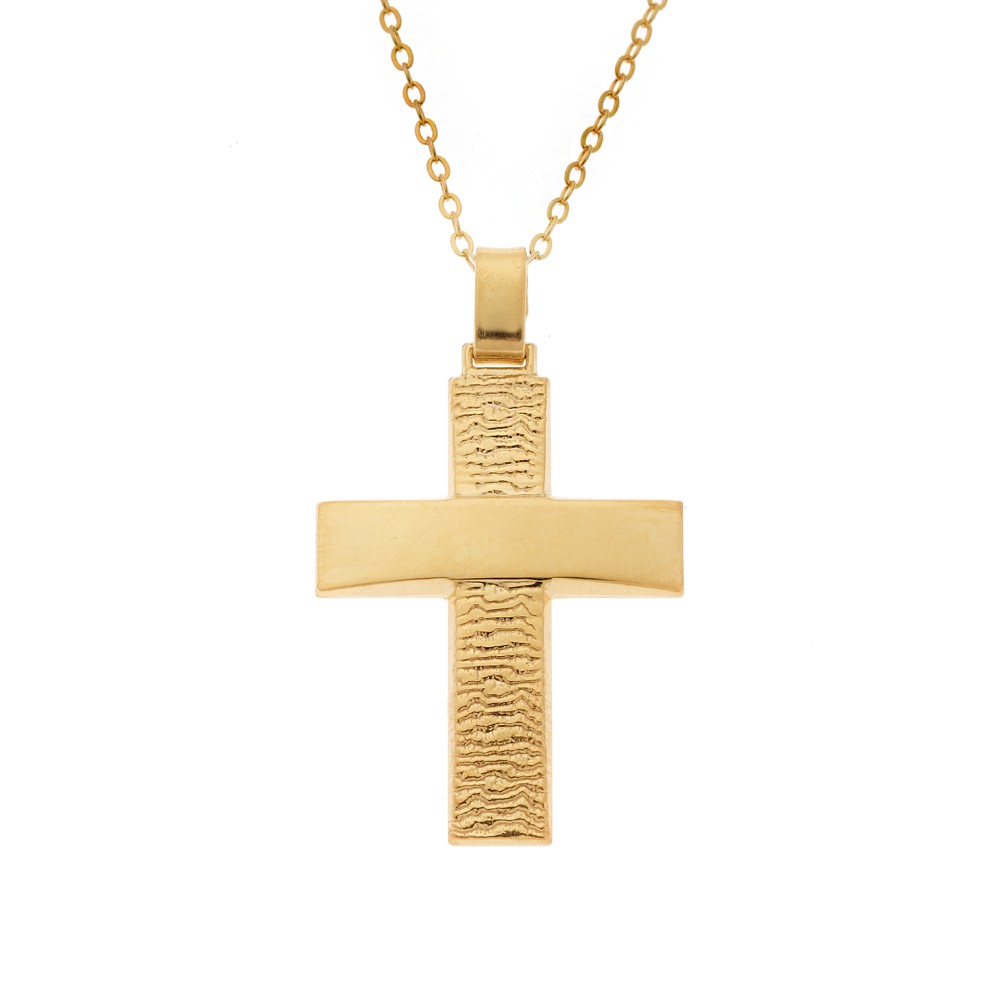 Μενταγιόν Senza επιχρυσωμένο ασήμι 925, σταυρός με σαγρέ σχέδιο - SSE0139GD