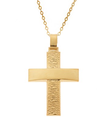 Μενταγιόν Senza επιχρυσωμένο ασήμι 925, σταυρός με σαγρέ σχέδιο - SSE0139GD