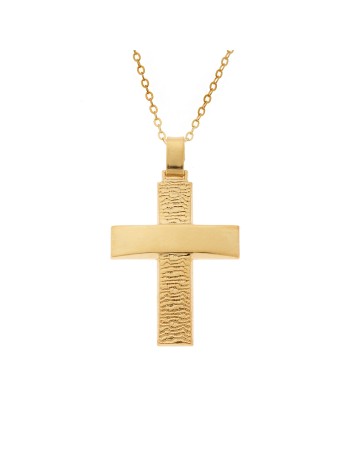 Μενταγιόν Senza επιχρυσωμένο ασήμι 925, σταυρός με σαγρέ σχέδιο - SSE0139GD