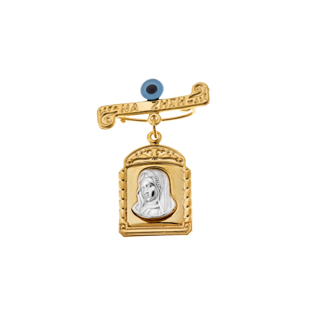 Παραμάνα SENZA επιχρυσωμένο ασήμι 925, δίχρωμη απεικόνιση με Παναγίτσα και ματάκι - SSE0151GD