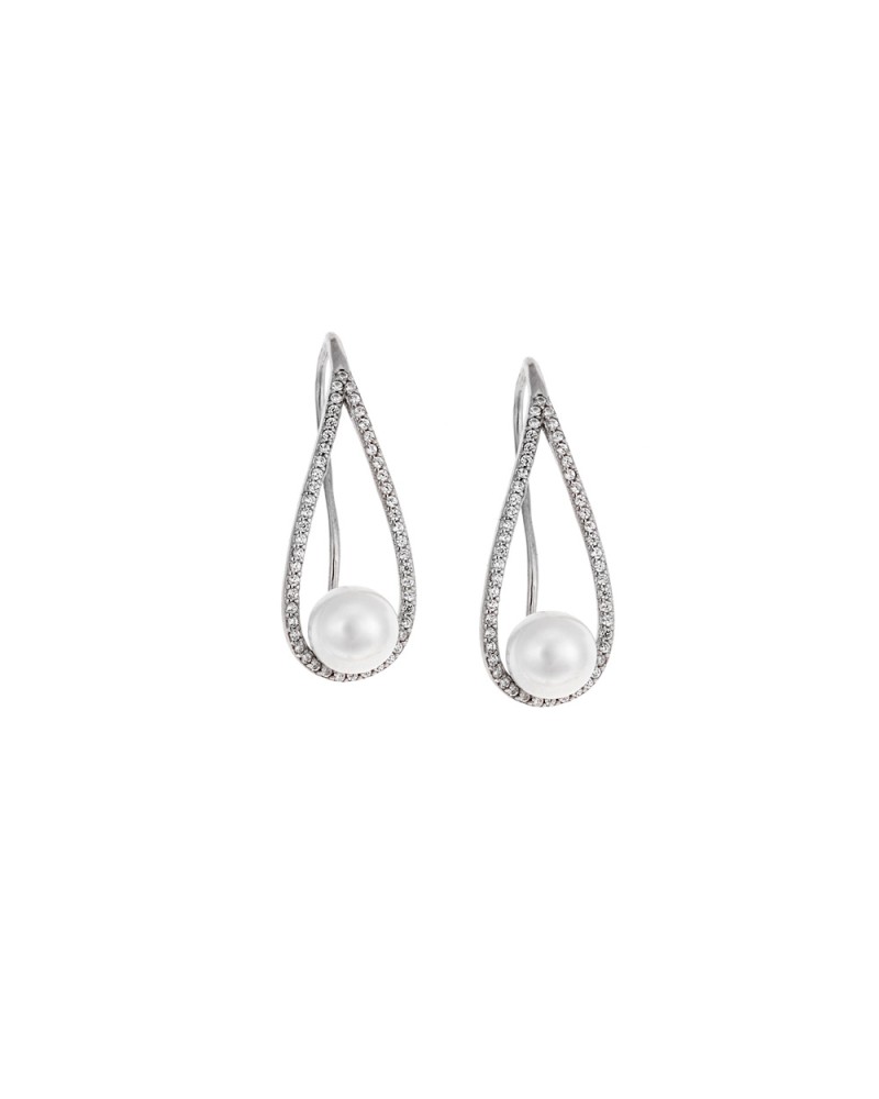 Σκουλαρίκια SENZA ασήμι 925, δάκρυ με μαργαριτάρι και λευκά ζιργκόν - SSR2041