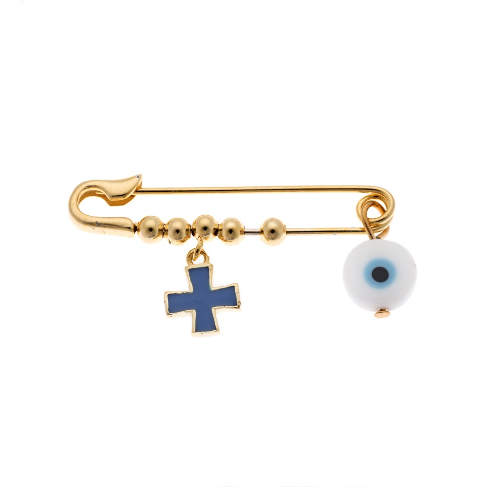 Παραμάνα SΕΝΖΑ κίτρινο επιχρυσωμένο ασήμι 925 με μπλε σταυρό και λευκό ματάκι - SSR2295GW