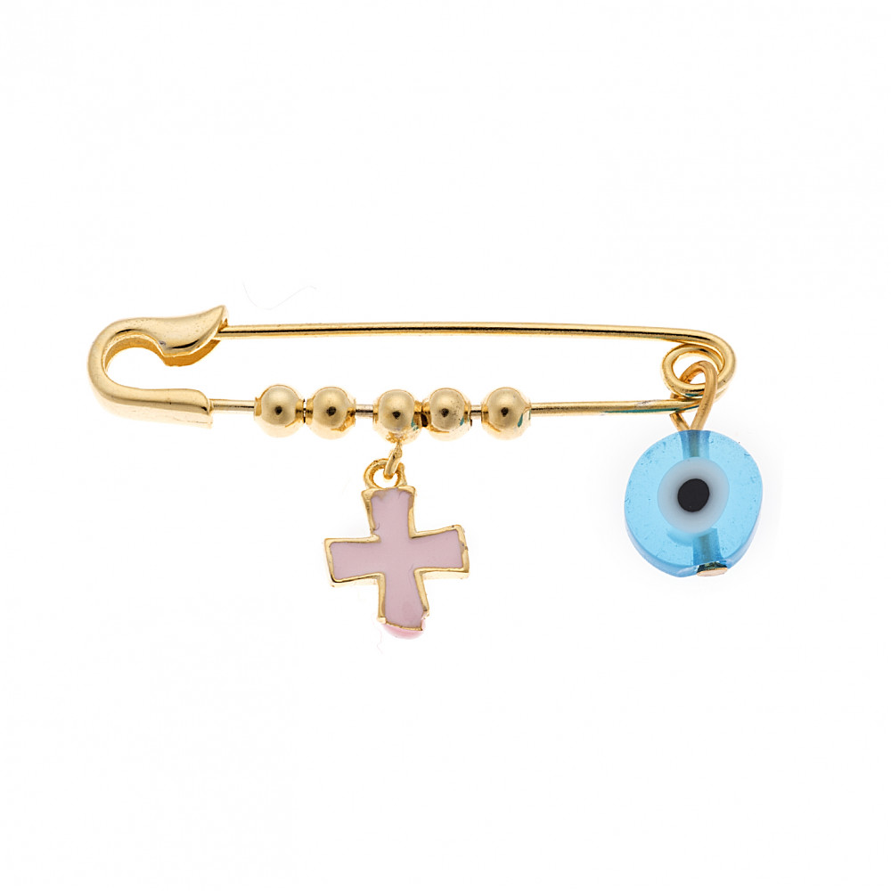 Παραμάνα SΕΝΖΑ κίτρινο επιχρυσωμένο ασήμι 925 με ροζ σταυρό και γαλάζιο ματάκι - SSR2296GL