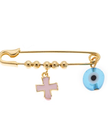 Παραμάνα SΕΝΖΑ κίτρινο επιχρυσωμένο ασήμι 925 με ροζ σταυρό και γαλάζιο ματάκι - SSR2296GL