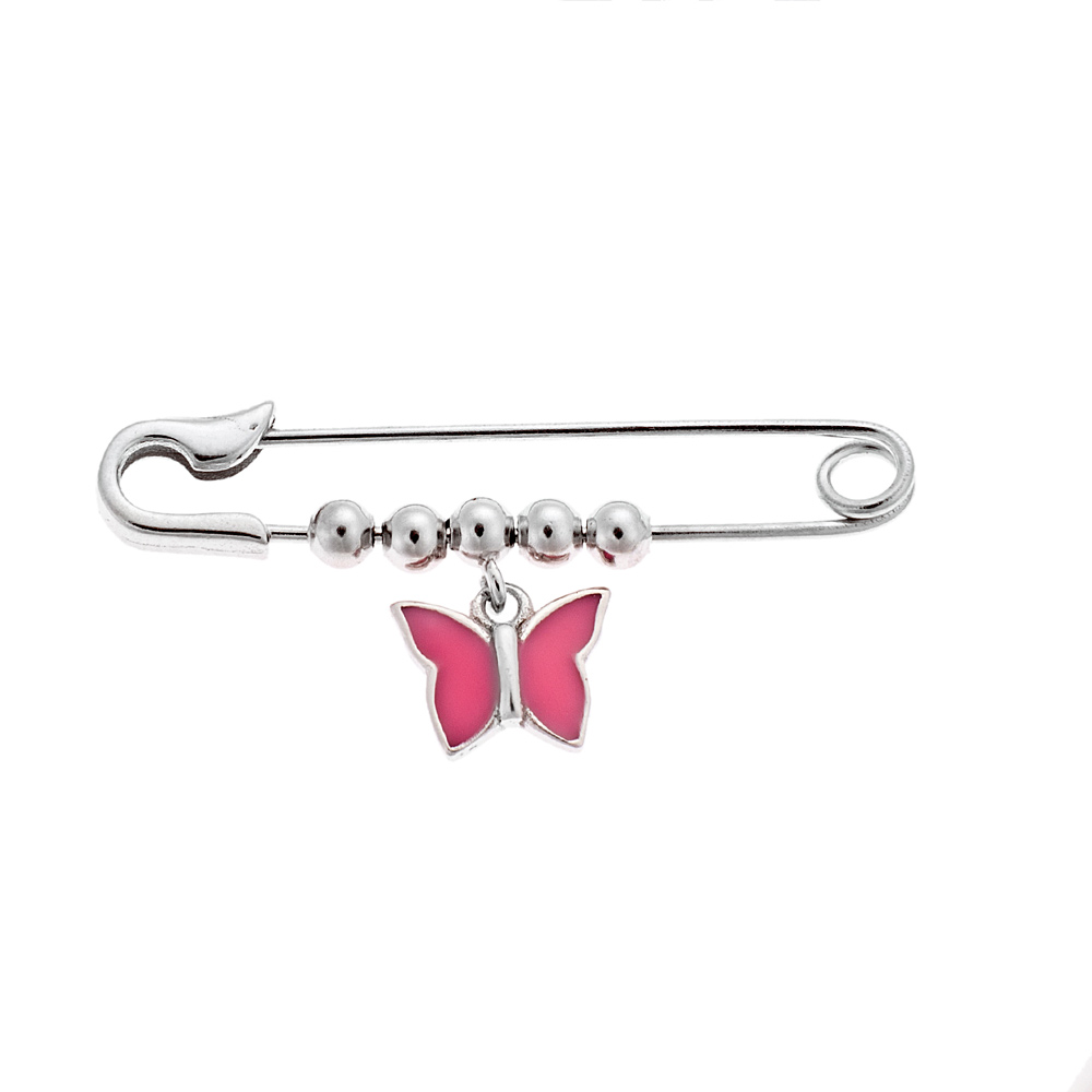 Παραμάνα SΕΝΖΑ ασήμι 925, πεταλούδα με ροζ σμάλτο - SSR2297SR