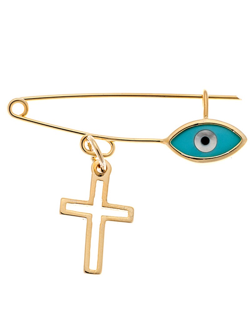Παραμάνα SENZA κίτρινο επιχρυσωμένο ασήμι 925 με σταυρό και γαλάζιο ματάκι - SSR2299GDG