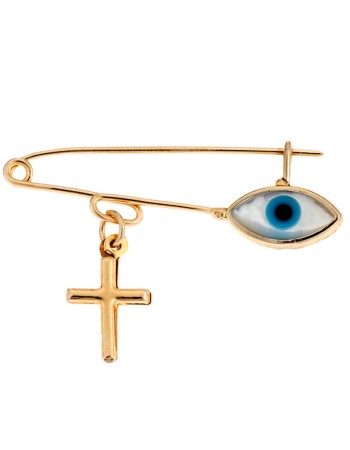 Παραμάνα SENZA κίτρινο επιχρυσωμένο ασήμι 925 με σταυρό και λευκό ματάκι - SSR2299GF1